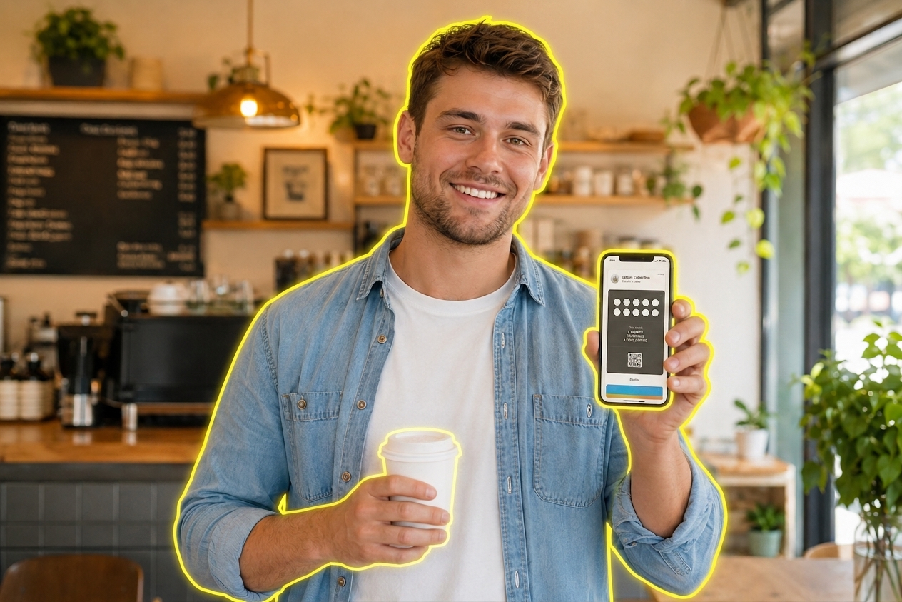 Regular Ronnie, smiling and holding his phone showing a stamp. wallet pass